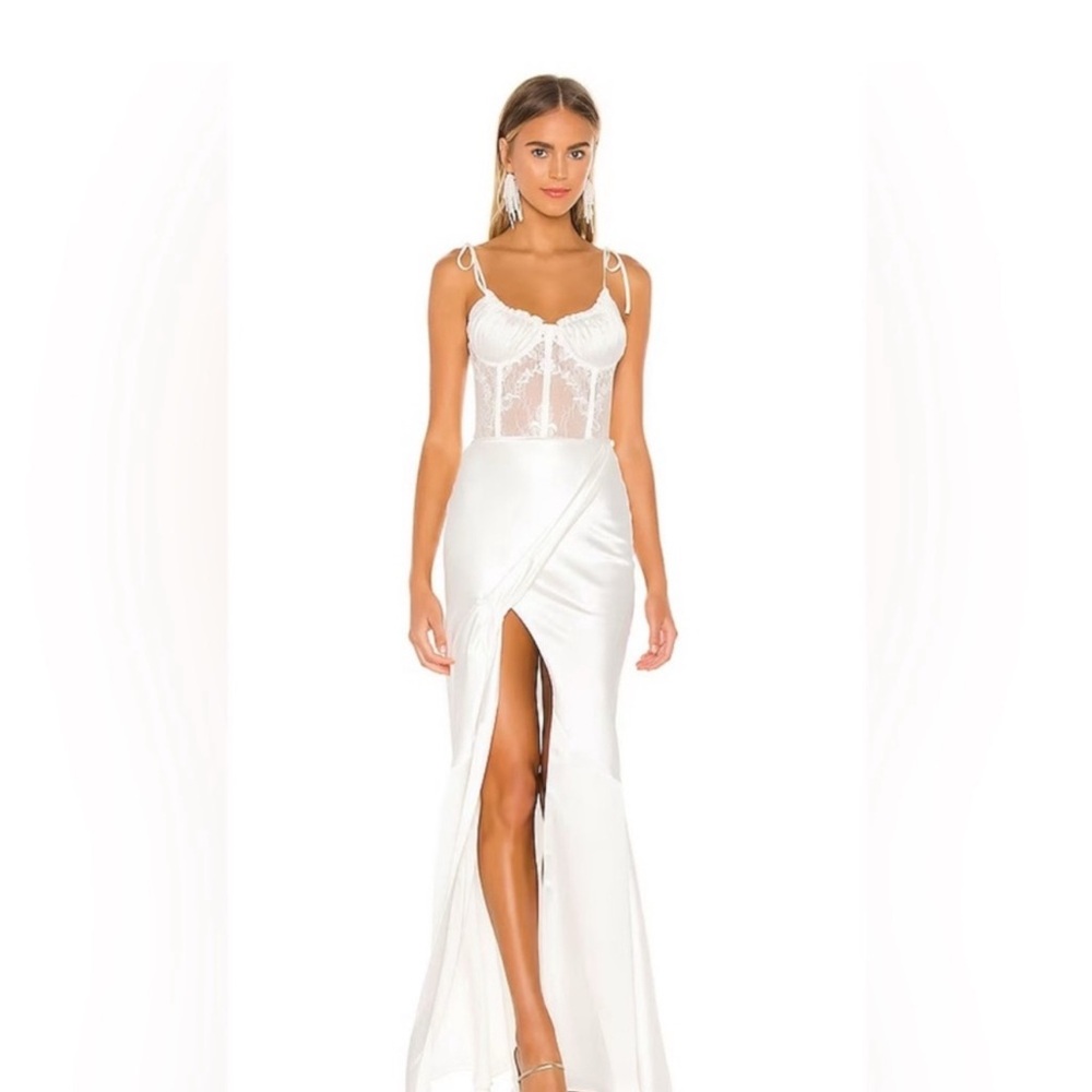 V. Chapman Calla Lily Gown in White Satin Lace Maxi Dress